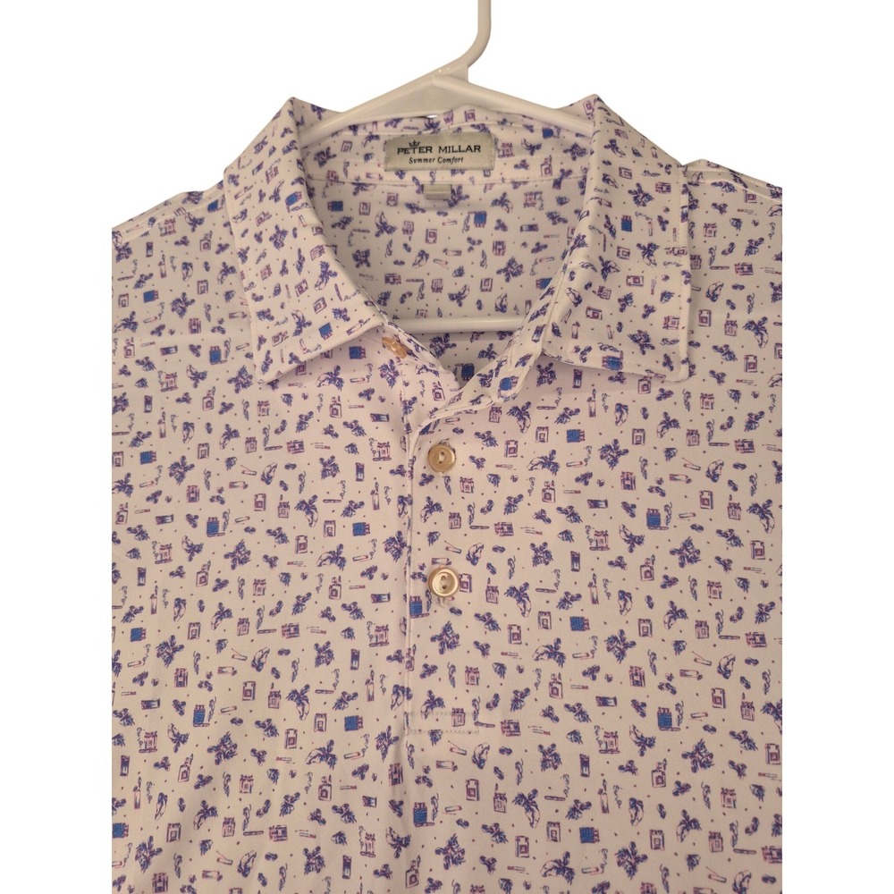 Peter Millar Summer Comfort Polo Shirt‎ Mens Large White Purple Golf Great Hills